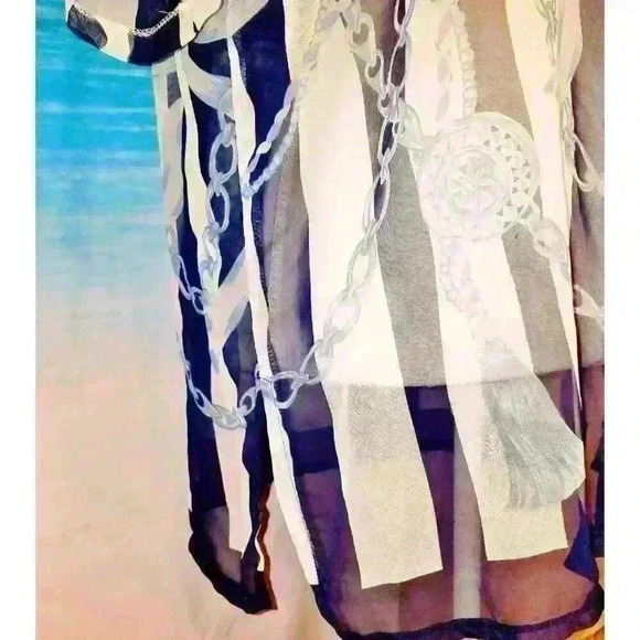 FASHION AGE Woman's SHEER Career Casual Blouse NAVY BLUE & WHITE Button Down Lg - Picture 4 of 6